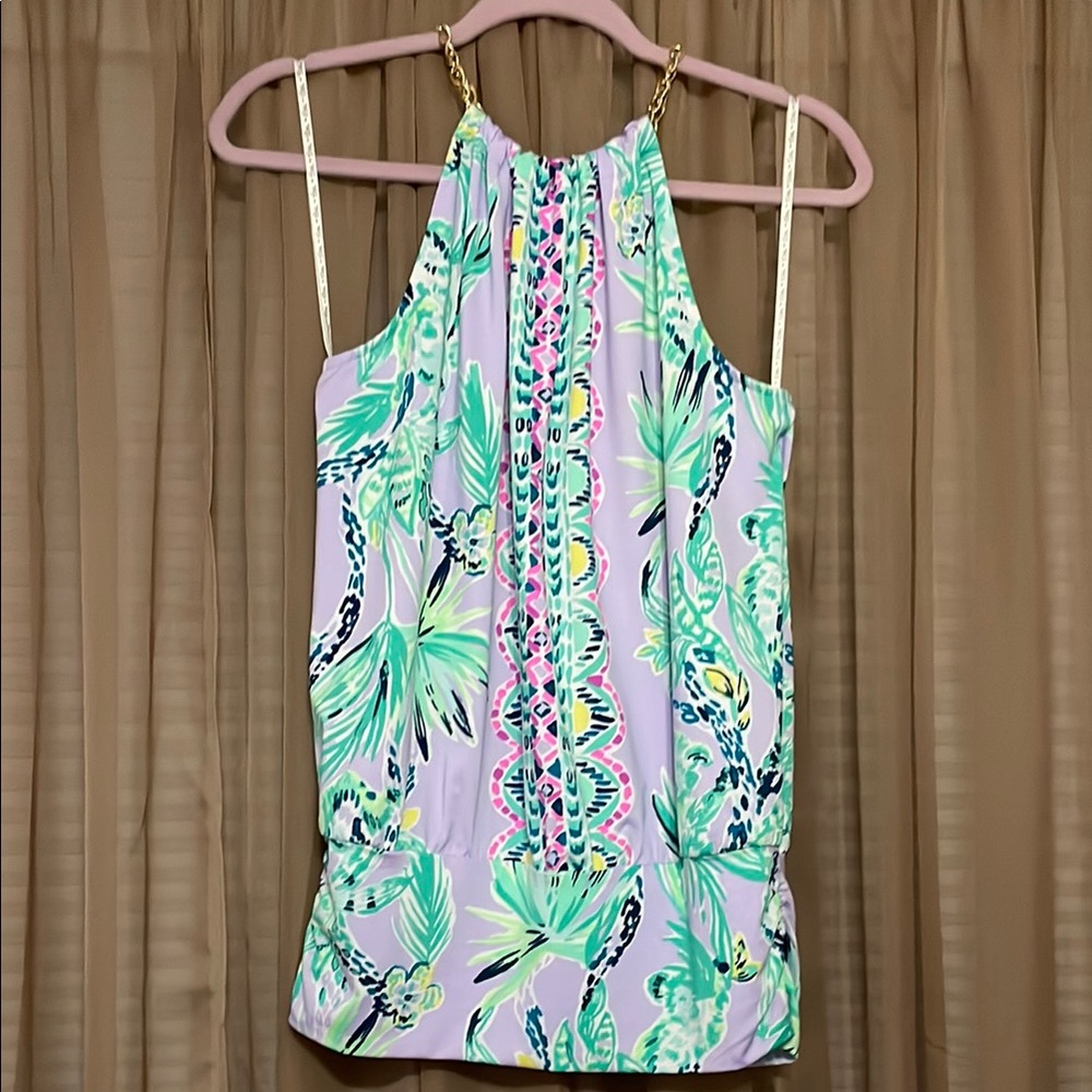 Lilly Pulitzer Green and Purple Bowen Top with Abstract Pattern